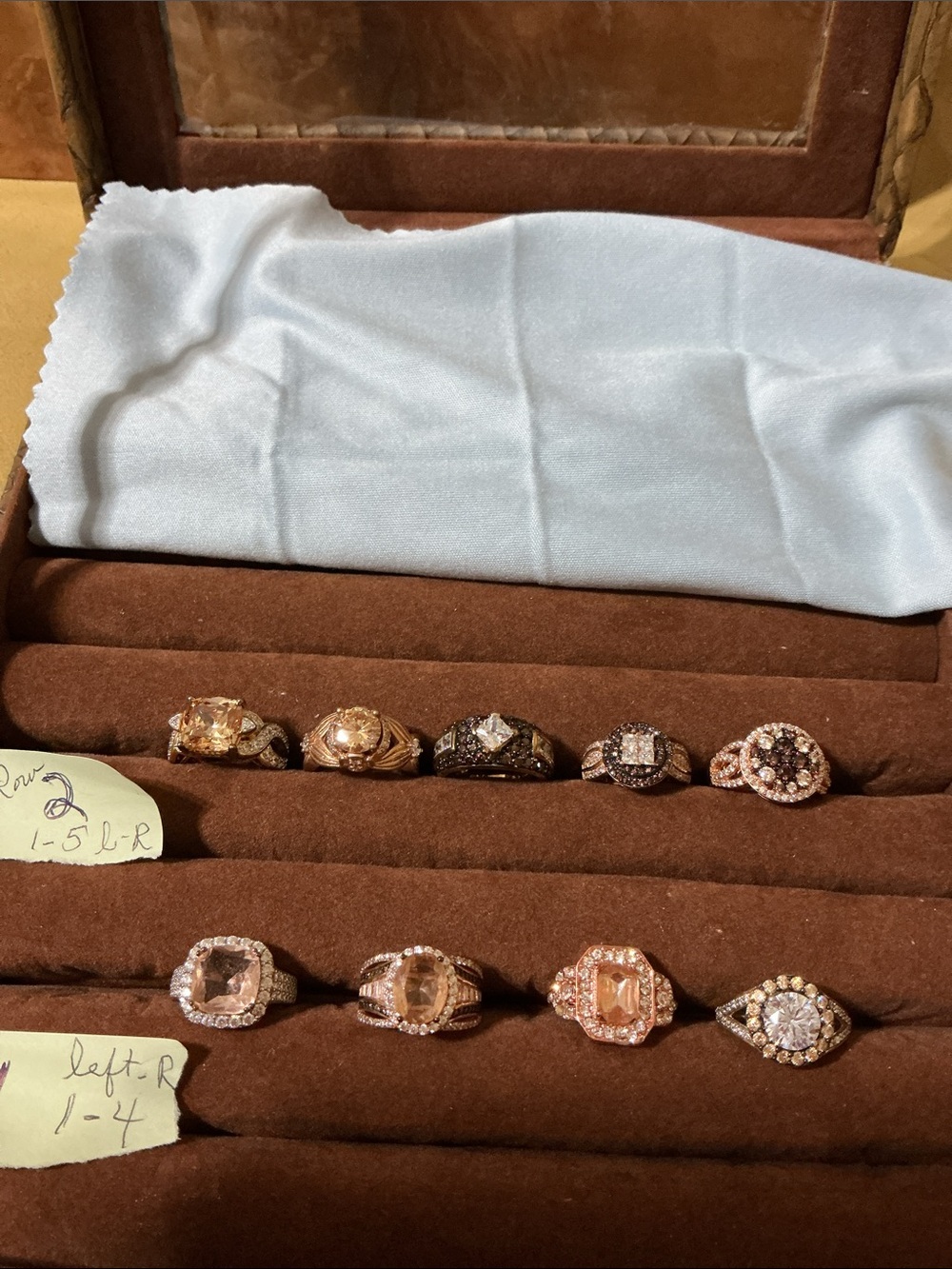 JTV gold, rose gold mocha colored, morganite, white czs, sz 5 row 1 and row 2